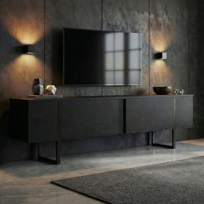 Asir - TV-standaard - Hout Zwart, Zwart - 100% met melamine gecoat spaanplaat - 39 x 190 x 10 cm