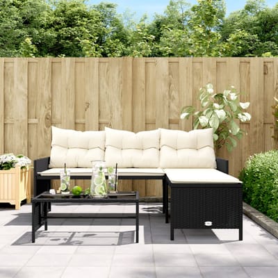vidaXL - Tuinbank - met - tafel - en - kussens - L-vormig - poly - rattan - zwart