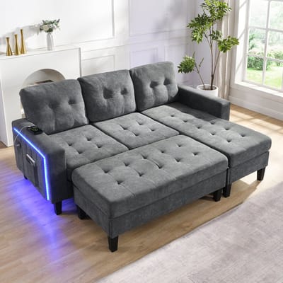 Moderne Modulaire Slaapbank, L-Bank, 3-Zitsbank, Multifunctionele L-vormige Woonkamerbankgroep: met Extra Grote Verplaatsbare Voetenbank + LED Sfeerverlichting, Driezits L-vorm Bank + Tweezits Voetenbankcombinatie - Grijs