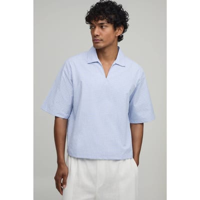 Oversized Boxy Poplin Check V-Neck Polo T-Shirt | Light Blue | Size Small