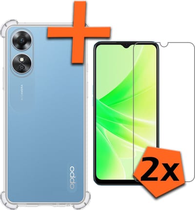 Hoes - Met Screenprotector - 2 Stuks - Geschikt voor OPPO A17 - Sterk & Shockproof - Siliconen Case - Back Cover - Telefoon Hoes - Shock Proof - Transparant