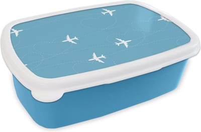 Broodtrommel Blauw - Lunchbox - Brooddoos - Vliegtuig - Hartje - Patronen - 18x12x6 cm - Kinderen - Jongen