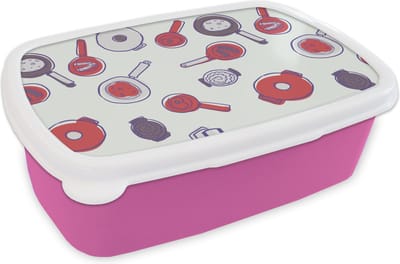 Broodtrommel Roze - Lunchbox - Brooddoos - Patroon - Koken - Pan - Eten - 18x12x6 cm - Kinderen - Meisje