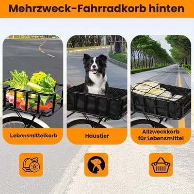 Mand achter, fietsmand, achterste mand van metaal met laadnet en dikke voering, bagagedrager voor fiets achter, voor de meeste fietsen en elektrische fietsen