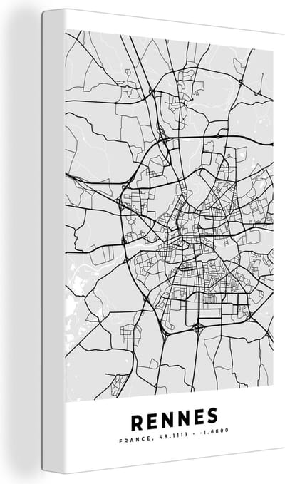 Canvas Schilderij Kaart - Stadskaart - Frankrijk - Rennes - Plattegrond - 20x30 cm - Wanddecoratie