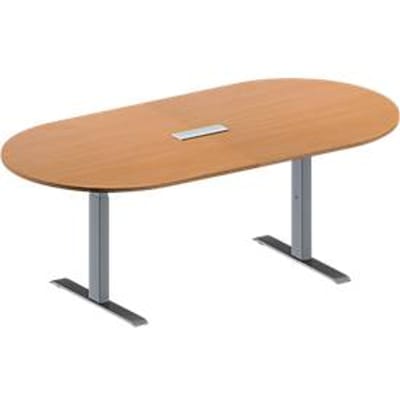 Schäfer Shop Genius Vergadertafel MODENA FLEX, in hoogte verstelbaar, 3-voudige contactdoos, ovale vorm, T-poot rechthoekige buis, B 2000 x D 1000 mm, beukenpatroon