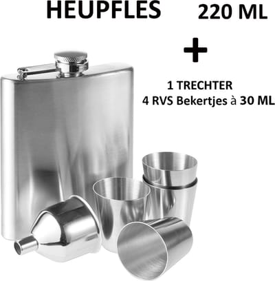 Heupfles - Zakflacon - Platvink - Veldfles - RVS - 4 Bekertjes & Trechter