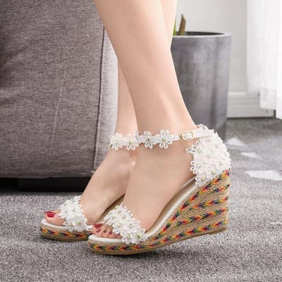 Mode Kant Sexy Witte Kleur Hoge Hakken Mode Sleehakken Hakken Pu Leer Bruiloft Banket Vrouw Bloemen Vrouwen Schoenen 37 wit