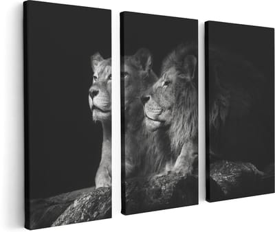 Artaza Canvas Schilderij Drieluik Leeuw En Leeuwin - Zwart Wit - 120x80 cm - Wanddecoratie Woonkamer - Schilderijen - Muurdecoratie