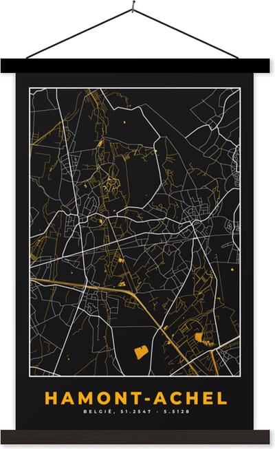 Posterhanger incl. Poster 40x60 cm - Schoolplaat - Plattegrond - Hamont-Achel - Goud - Kaart - Stadskaart - Textielposter - Zwarte latten - Stadskaart