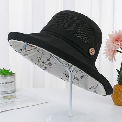 Chapeau de pêcheur pour femme, chapeau de soleil d'été, double chapeau littéraire frais à fleurs noir