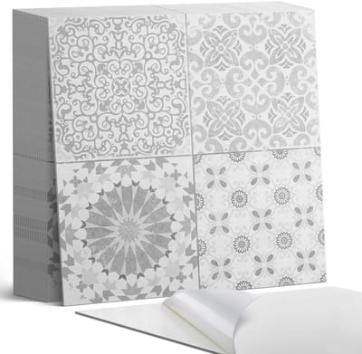 Coloray Plaktegels - Geometrische en bloemmotieven Zelfklevende Tegels - 20 cm x 20 cm - Grijs Plaktegels - 20 stuks - Vierkant PVC Tegels - Plaktegels Badkamer - Plaktegels Vloer - Vinyltegels Vloer Zelfklevend - Wandtegel Zelfklevend