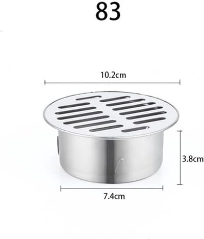 Ronde, vrijstaande sifonafvoer van roestvrij staal met lekbak en anti-verstoppingsfilter, geschikt voor balkons, terrassen, dakterrassen, patio's en tuinen (diameter 83 mm).