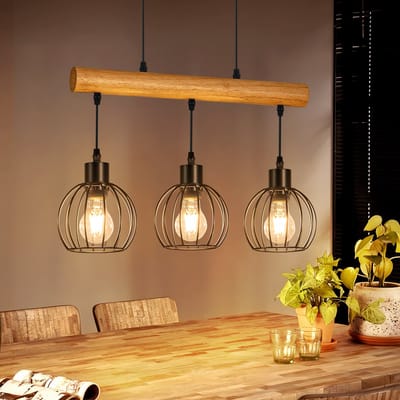 NETTLIFE - Houten Vintage Pendellamp E27 - 3 Lichts Industriëel Design - Zwarte Retro Eettafellamp Met Houten Balk - Voor Woonkamer Eetkamer - Zonder Lichtbron