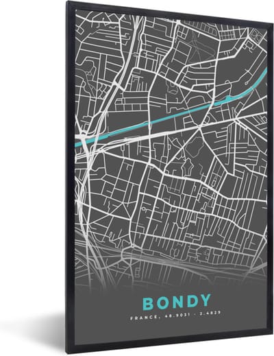 Fotolijst incl. Poster - Bondy - Frankrijk - Plattegrond - Kaart - Stadskaart. - 40x60 cm - Posterlijst