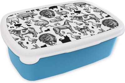 Broodtrommel Blauw - Lunchbox - Brooddoos - Patroon - Dieren - Zwart Wit - 18x12x6 cm - Kinderen - Jongen
