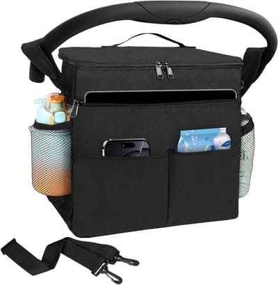 Grote geüpgrade kinderwagen tas - kinderwagen organizer met geïsoleerde fleshouder - organizer met 2 netzakken en verstelbare schouderriem - organizer voor luiers en doekjes