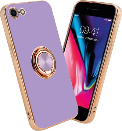 Cadorabo Hoesje geschikt voor Apple iPhone 7 / 7S / 8 / SE 2020 in Glossy Licht Paars - Goud met ring - Beschermhoes van flexibel TPU-silicone Case Cover met camerabescherming en magnetische autohouder