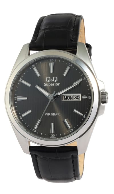 Q&Q Herenhorloge Echt leer zilverkleurig, datumweergave