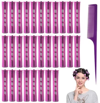 PromoHome Haarrollerset 30 stuks - 19 mm diameter - Krulspelden met kam - Paarse rollers voor schadevrije krullen