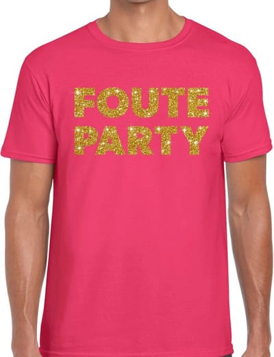 Foute party tekst t-shirt - gouden glitter letters - roze - heren - Foute party verkleedkleding S