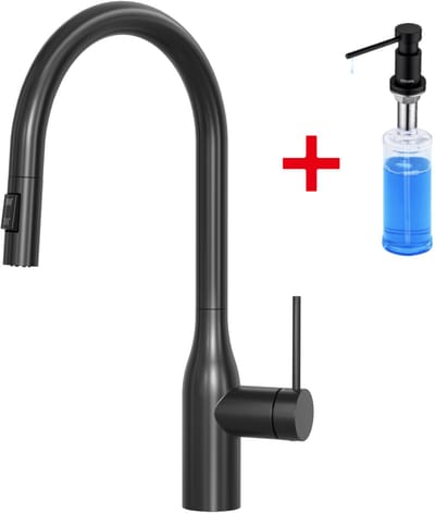 CECIPA max Keukenkraan met Uittrekbare Uitloop - Met Zeepdispenser 300ML - Kraan Keuken - Mengkraan met Handdouche - 2 straalsoorten - Zwart