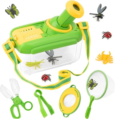Onderzoekersset voor kinderen vanaf 4, ontdekkersset met insectenobservatiebox, vergrootglas voor kinderen, insectenvanger, 12 nepinsecten, vlindernet, cadeaus voor jongens en meisjes, groen