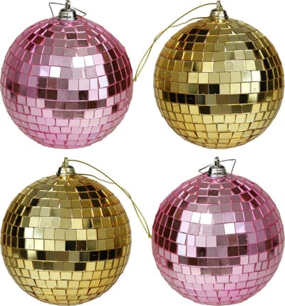 Kerstballen disco - 4x st - goud en roze - 10 cm - kunststof - spiegel kerstballen