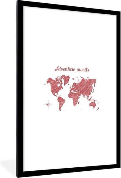 Poster in lijst - Fotolijst 80x120 cm - Posters - Wereldkaart - Adventure - Kompas - Posterlijst zwart - Decoratie - Wanddecoratie woonkamer - Muurdecoratie slaapkamer