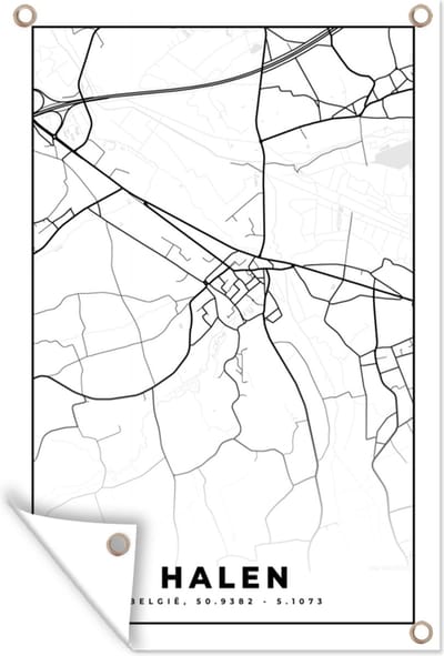 Muurdecoratie Zwart Wit – België – Plattegrond – Stadskaart – Kaart – Halen - 120x180 cm - Tuinposter - Tuindoek