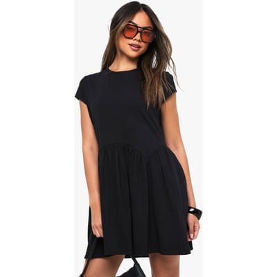 boohoo Dames Katoenen smock-jurk met gebogen zoom | Zwart | Maat: 38