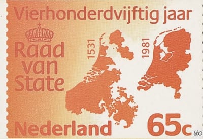 Briefkaart met afbeelding 450 jaar Raad van State postzegel