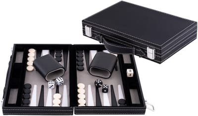 Backgammon 11 inch - Grijs, Zwart & Wit Gestikt Bord - Kunstlederen Koffer met Handvat - Engelhart