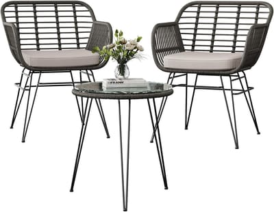 Luxe 3-delige Balkonset voor 2 Personen - Polyrattan Tuinset - Inclusief Comfortabele Kussens en Bijzettafel met Glasplaat - Weerbestendig & Verstelbare Poten - Naturel