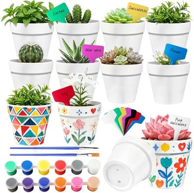 12 Stuks Mini Beschilderbare Plastic Bloempotten, Succulenten Plantenpotten, DIY Kunst Decoratie Bloempot Set Inclusief Penselen, Verven En Plantetiketten Geschikt Voor Verjaardagen En Pasen