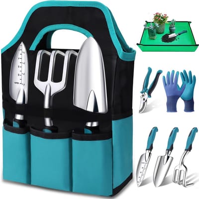 Ynkkvre -Tuingereedschap, 7-delige tuinset, geschikt voor zowel mannen als vrouwen, handgereedschapset voor de tuin, ideale tuinbenodigdheden, essentiële items, roestvrij, gemaakt van roestvrij staal en aluminiumlegering