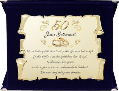 Gouden Huwelijkscadeau - 50 Jaar Getrouwd - Herinnering Vieren - Gepersonaliseerde Gedenkplaat - 28x21 cm Doos - Goud