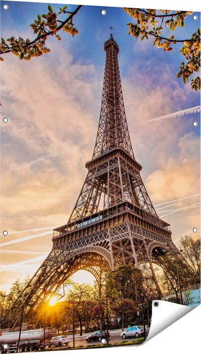 Gards Tuinposter Eiffeltoren in Parijs tijdens Zonsondergang - 80x120 cm - Tuindoek - Tuindecoratie - Wanddecoratie buiten - Tuinschilderij