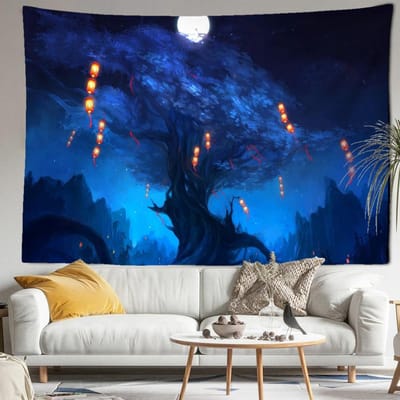 Tapisserie murale à suspendre avec vue nocturne sur la forêt, art naturel, paysage bohème, hippie, décoration esthétique pour la maison 95x70CM blue