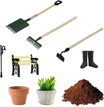 Miniatuurtuin Set met 6 Stukken - Tuingereedschap, Zen Tuinaccessoires, Poppen en Decoratieve Elementen