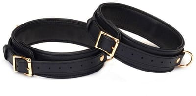Liebe Seele - Dark Secret Exclusieve Lederen Dijbeen Boeien Met Goud Metalen beslag - Zwart/Goud M/L