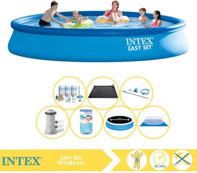 Intex Rond Opblaasbaar Easy Set Zwembad - 457 x 84 cm - Blauw - Inclusief Pomp - Solarzeil - Onderhoudspakket - Filter - Grondzeil - Schoonmaakset - Solar Mat - 8-delig