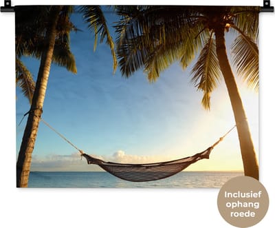Wandkleed - Wanddoek - Strand - Hangmat - Palmbomen - 60x45 cm - Wandtapijt
