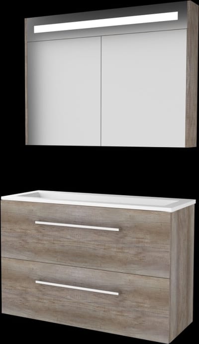 Basic Premium 39 badmeubelset met spiegelkast met geïntegreerde LED verlichting, wastafelonderkast met grepen, 2 lades en acryl wastafel zonder