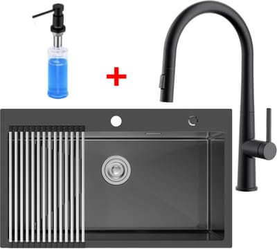 CECIPA Max Spoelbak Keuken 75x45 cm - Spoelbakken Met C-uitloop Keukenkraan en Afdruip - Enkele spoelbak Met Waterafvoersysteem en Zeepdispenser 300ML - Wasbak Keuken Antraciet