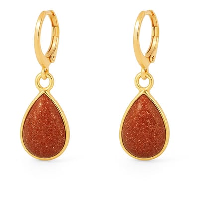 Oorbellen - gold plated staal - dames oorhangers - druppelvormige hanger - natuursteen - goudsteen - bruin