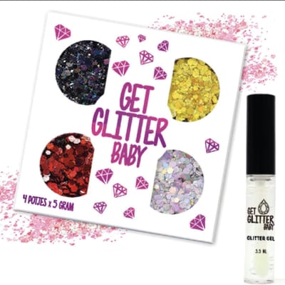 GetGlitterBaby® - 4 Potjes Glitter Set Chunky Festival Glitters voor Lichaam en Gezicht Glitterset / Face Body Glitterlijm Set / Bio Biologische Biodegradable Gel Glittergel Halloween Carnaval - Glitter Lijm HuidLijm / Zwart / Goud / Rood / Zilver