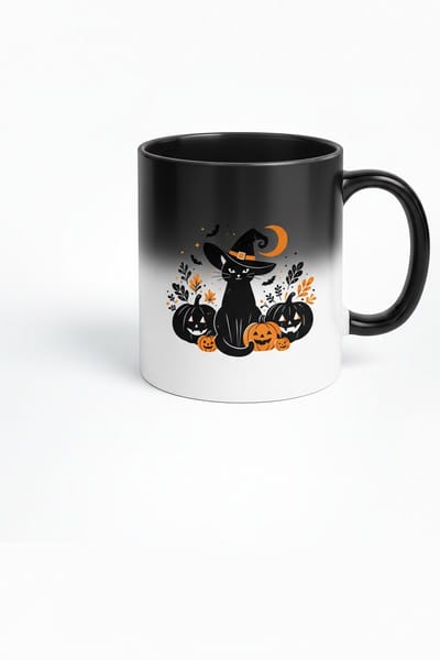 Halloween Magische Mok - Zwarte Kat & Pompoenen - Warmtegevoelige Verandering
