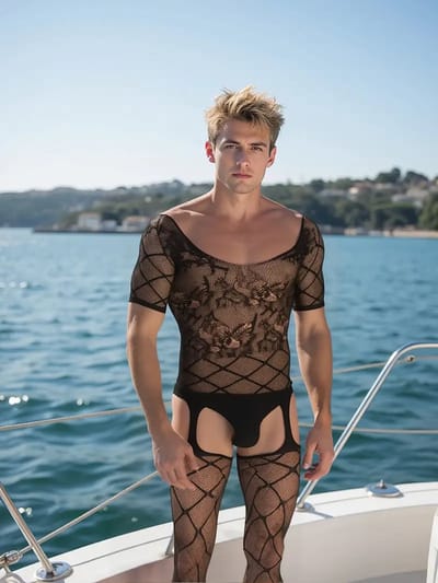 LekkerStout Heren Body met Netkousen - Zwart - Sexy Herenlingerie | S-L | ( LS166 )