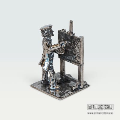 Tinnen Kunstschilder Beeldje – Handgemaakt Miniatuur Schilder – Beroepenbeeld Kunst – Uniek Cadeau & Decoratie